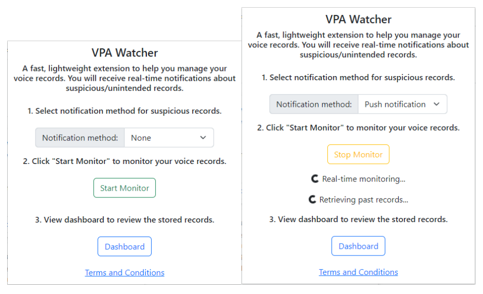 VPAWatcher browser extension interface in idle and monitoring states